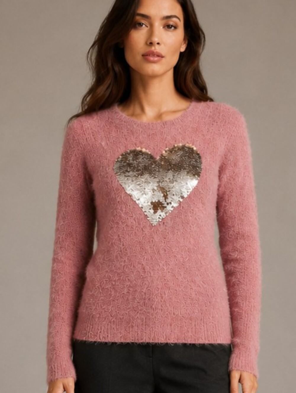 DKNY Mauve Fuzzy Sequin Heart Sweater XL (14/16)